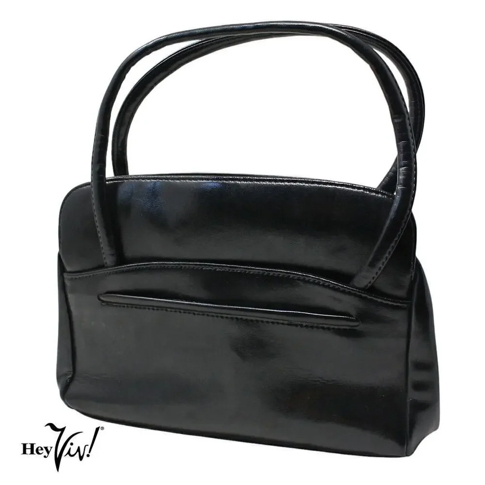 Vintage Large Black Handbag Purse Double Handle Flat Bottom 12x8.5